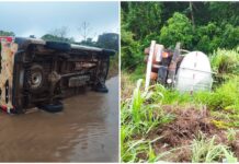 Dois veículos aquaplanam na pista, tombam e deixa um ferido na BR-352 em Carmo do Paranaíba