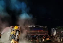 Caminhão tanque de leite pega fogo e mobiliza Corpo de Bombeiros na zona rural de Lagoa Formosa