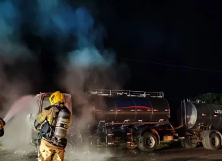 Caminhão tanque de leite pega fogo e mobiliza Corpo de Bombeiros na zona rural de Lagoa Formosa